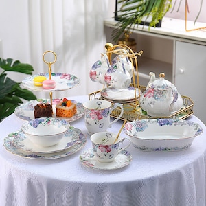 Flower Ceramic Tea Set, European Ceramic Coffee Set, Coffee Pot Set, Tea Party Set, Afternoon Tea Tea Set Flower Teapot, Wedding Gifts