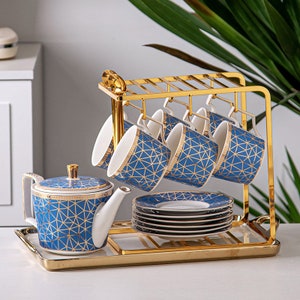 Exquisite ceramic tea sets | blue coffee sets | European luxury tea sets | tea party tea sets | handmade teapots and cups | coffee set gifts