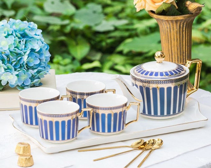 Blue ceramic coffee set, European ceramic tea set, exquisite handmade tea set, 1 pot 4 cups saucers set, tea party tea set,housewarming gift