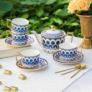 Peacock Blue Ceramic Coffee Set European Ceramic Tea Set 1 Pot 4 Cups Saucers Tea Set Afternoon Tea Coffee Cups Set Housewarming Gift