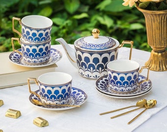 Pfauenblau Keramik Kaffee Set Europäische Keramik Tee Set 1 Topf 4 Tassen Untertassen Tee Set Nachmittagstee Kaffeetassen Set Housewarminggeschenk