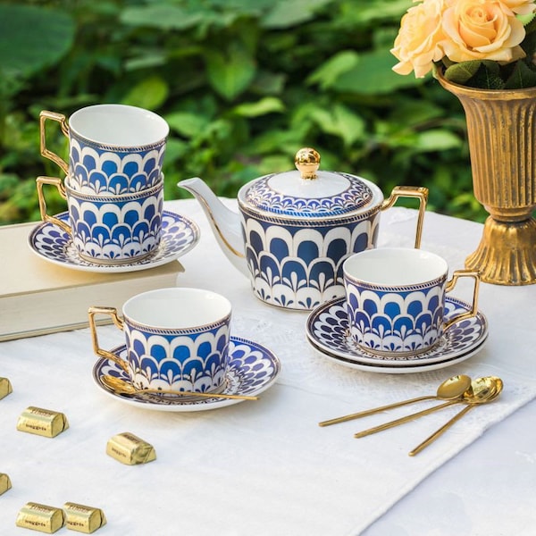 Peacock Blue Ceramic Coffee Set European Ceramic Tea Set 1 Pot 4 Cups Saucers Tea Set Afternoon Tea Coffee Cups Set Housewarming Gift