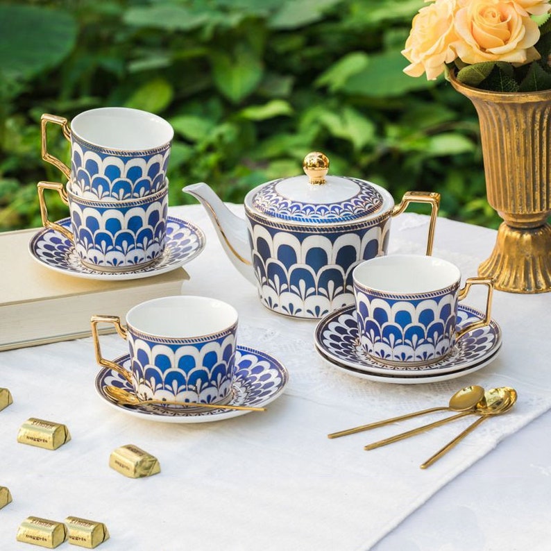 Peacock Blue Ceramic Coffee Set European Ceramic Tea Set 1 Pot 4 Cups Saucers Tea Set Afternoon Tea Coffee Cups Set Housewarming Gift image 1