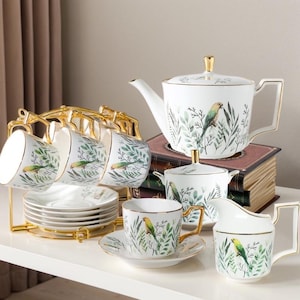 European Ceramic Tea Set: Retro Floral Teapot, Cups & Saucers