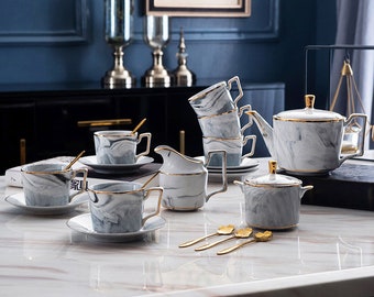 Gray Marble Ceramic Tea Set 15 Pieces,European Ceramic Coffee Set,Teapot With Tea Set,Afternoon Tea Tea Set,Coffee Pot Set,Housewarming Gift