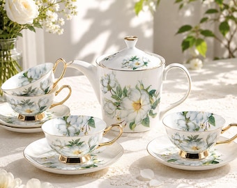 Zestaw do herbaty Camellia z ceramiki, ręcznie robiony ceramiczny zestaw do kawy, zestaw do herbaty na przyjęcie herbaciane, zestaw do herbaty z czajniczkiem, zestaw ceramicznych filiżanek do kawy, prezent na parapetówkę