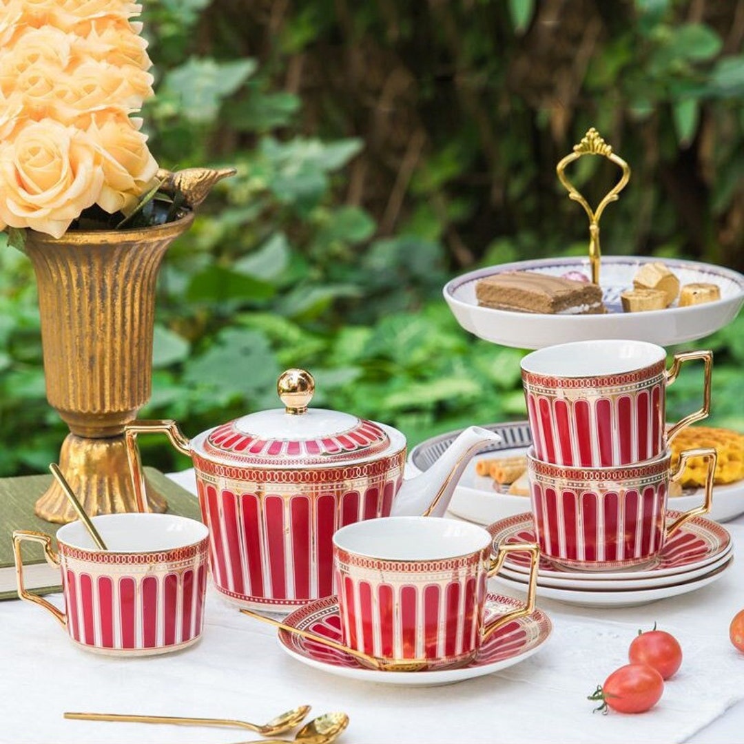 Red Ceramic Coffee Set, Exquisite Ceramic Tea Set, Handmade Tea Set, 1