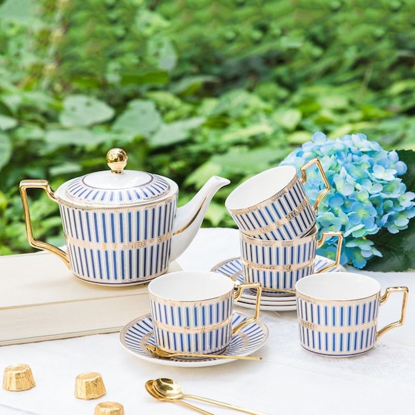 European ceramic tea set, blue coffee set, 1 pot 4 cups saucers set, coffee pot set, afternoon tea set, teapot tea set, birthday gift