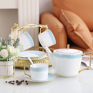 Blue ceramic coffee set, European ceramic tea set, 1 pot 4 cups tea set, tea party tea set, teapot coffee cup set, Mother&#39;s Day gift