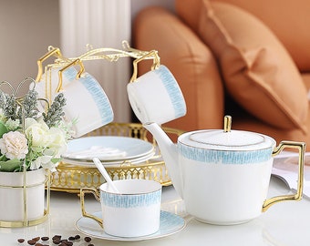Blue Ceramic Coffee Set, European Ceramic Tea Set, 1 Pot 4 Cups Tea Set, Tea Party Tea Set, Teapot Coffee Cup Set, Mother's Day Gift