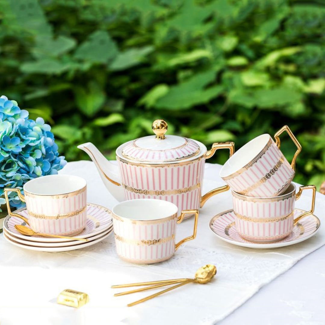 European Ceramic Tea Set, Pink Coffee Set, 1 Pot 4 Cups Saucers Set