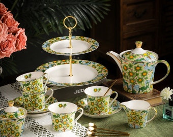 Grünes Keramik-Tee-Set, europäisches Retro-Tee-Set, Kaffeekanne-Set, Nachmittagstee-Tee-Set, Blumen-Tee-Set, handgemachtes Tee-Set, Housewarminggeschenk