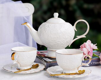 Palace-style white ceramic tea set, vintage ceramic coffee set, floral teapot set, afternoon tea tea set,teapot with cup saucer,wedding gift