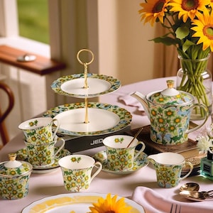 Franse keramische theeset, keramische koffiekop en schotelset, afternoonteaset, vintage koffieset, theepotset, theekransje, cadeau voor moeder