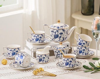 Blue White Porcelain Ceramic Tea Set, Teapot With Tea Set, Afternoon Tea Set, Ceramic Coffee Set, Coffee Cup, Retro Tea Set, New Year Gift