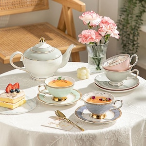 European Ceramic Tea Set, 1 Pot 4 Cups Saucers Tea Set Coffee Set, Flower Teapot Set, Afternoon Tea Set, Coffee Cup Saucer Set, Wedding Gift
