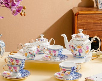 Wykwintny ceramiczny zestaw do herbaty, zabytkowy ceramiczny zestaw do kawy, zestaw do herbaty na przyjęcie herbaciane, zestaw do herbaty z czajniczkiem, zestaw do kawy z dzbankiem, spodek do filiżanek do kawy, prezent świąteczny