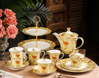 Yellow floral ceramic tea set, vintage tea set, coffee pot set, tea party tea set, floral teapot set, coffee cup saucer set,handmade tea set