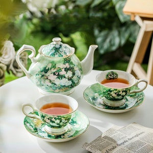 White Rose Ceramic Coffee Set | Oil Painting Style Ceramic Tea Set | Flower Teapot Coffee Pot Set | Tea Party Tea Set | Housewarming Gift