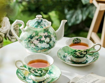 White Rose Ceramic Coffee Set | Oil Painting Style Ceramic Tea Set | Flower Teapot Coffee Pot Set | Tea Party Tea Set | Housewarming Gift