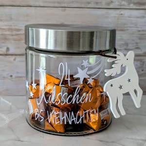 Adventskalender to go Glas – 24 Küsschen bis Weihnachten – Geschenkidee zu Weihnachten – Weihnachtsglas mit Deckel