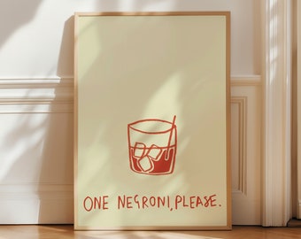 Puede incluir: Un póster amarillo con una ilustración roja de un vaso de Negroni con cubitos de hielo y una pajita. El texto "ONE NEGRONI, PLEASE." está impreso en rojo en la parte inferior del póster.