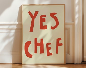 Yes Chef Print: Red Cream Kitchen Wall Art