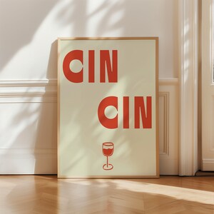 Cin Cin イラストプリント - レトロワインプリント - バーカートアート - レトロカクテルポスター - 居心地の良いウォールアート - 乾杯プリント - 赤とクリーム