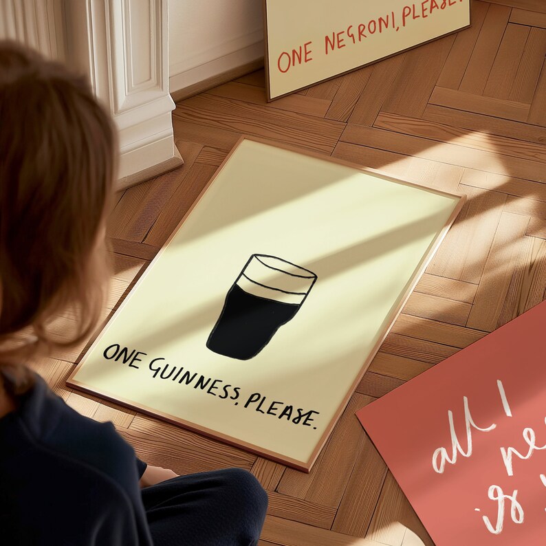 One Guinness Please Minimal Wall Art Print | Mid Century Modern Pint Illustration Poster | Trendy Irish Pub Bar Decor