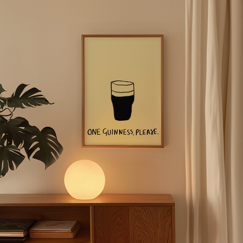 One Guinness Please Minimal Wall Art Print | Mid Century Modern Pint Illustration Poster | Trendy Irish Pub Bar Decor