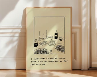 Line Art Print eettafel: retro keukendecor, gezellige illustratie ZWART
