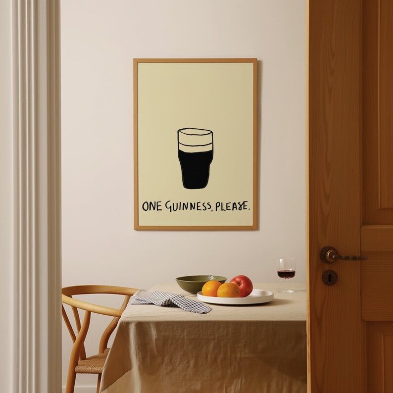 One Guinness Please Minimal Wall Art Print | Mid Century Modern Pint Illustration Poster | Trendy Irish Pub Bar Decor