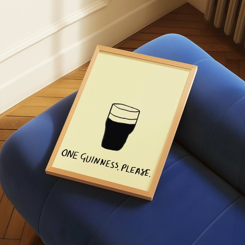 One Guinness Please Minimal Wall Art Print | Mid Century Modern Pint Illustration Poster | Trendy Irish Pub Bar Decor