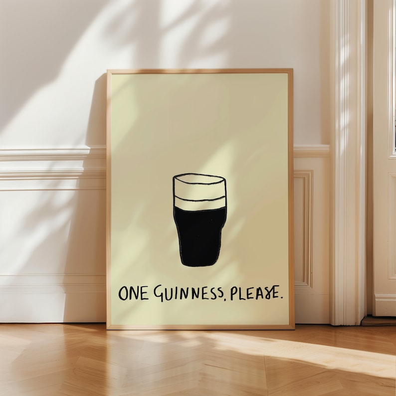 One Guinness Please Minimal Wall Art Print | Mid Century Modern Pint Illustration Poster | Trendy Irish Pub Bar Decor