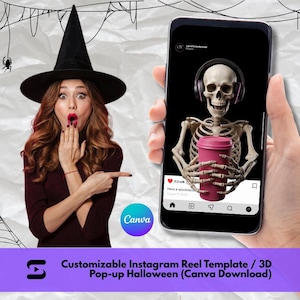 Può includere: Un modello digitale di reel Instagram per Canva che mostra uno scheletro 3D con cuffie e una tazza rosa. La grafica include una persona con un cappello da strega nero e un banner viola con il testo Customizable Instagram Reel Template / 3D Pop-up Halloween (Canva Download).