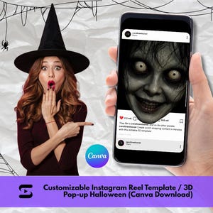 Peut inclure: Un modèle numérique pour un Reel Instagram présentant un effet pop-up 3D d'Halloween. L'écran affiche un smartphone avec une publication sur les réseaux sociaux contenant un visage effrayant, tandis qu'une personne en chapeau de sorcière pointe l'écran.