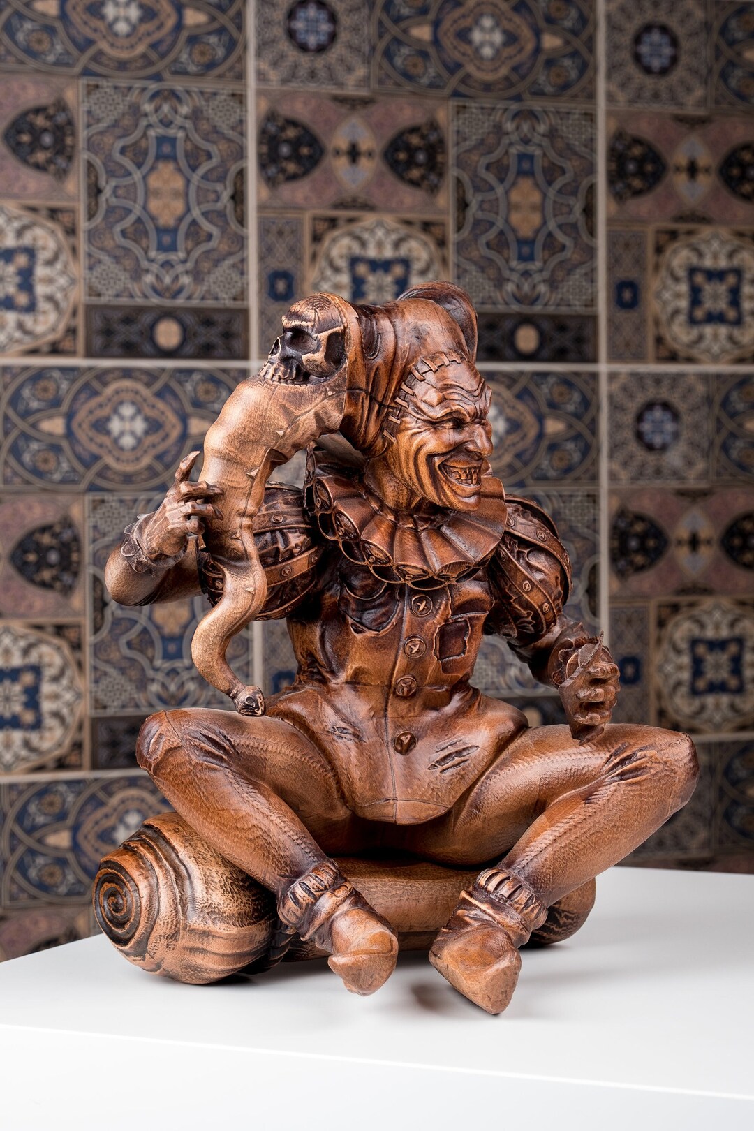 Wood Sculpture Joker With Cards & Sculls for Bookshelf Decor, Jester