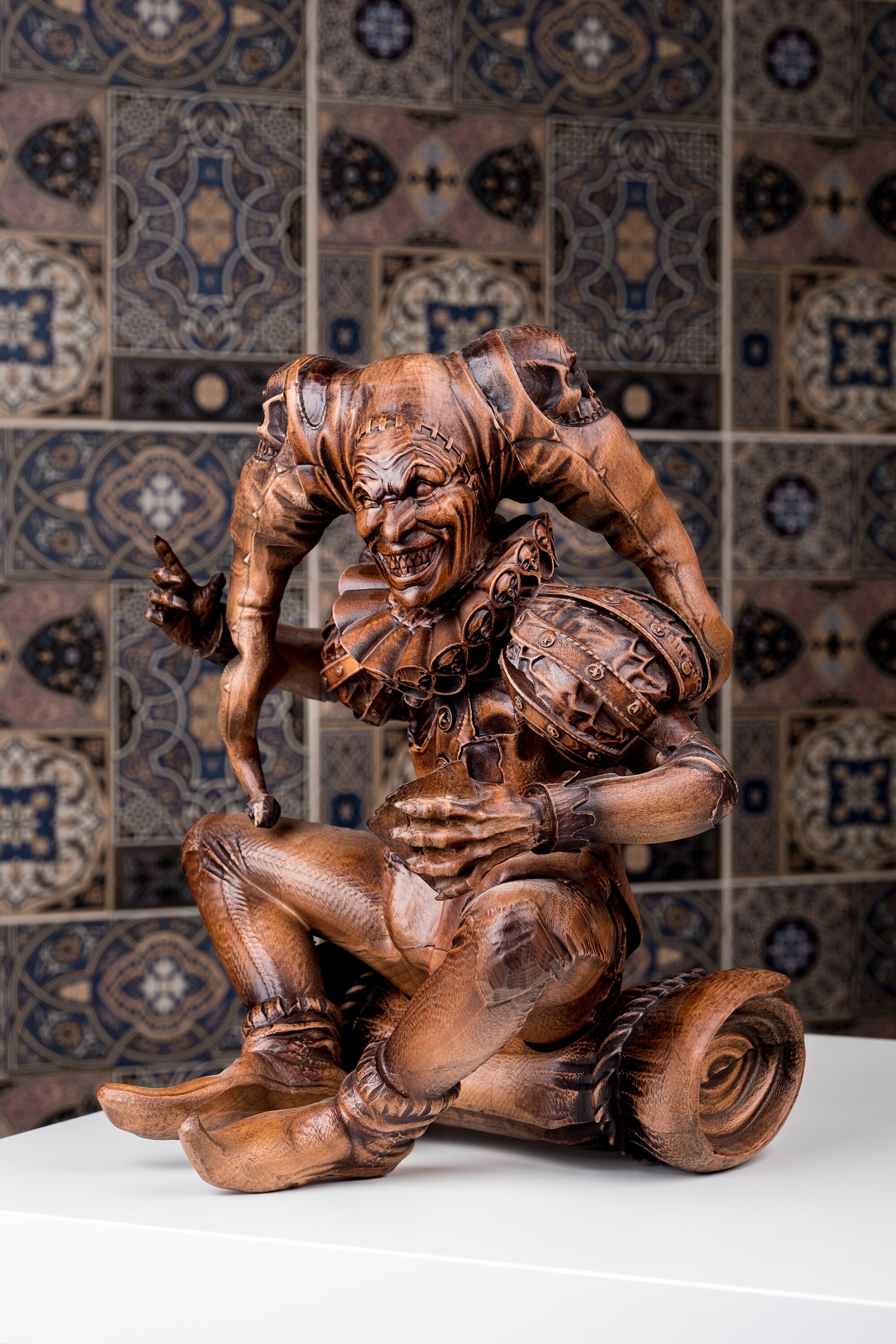 Wood Sculpture Joker With Cards & Sculls for Bookshelf Decor, Jester