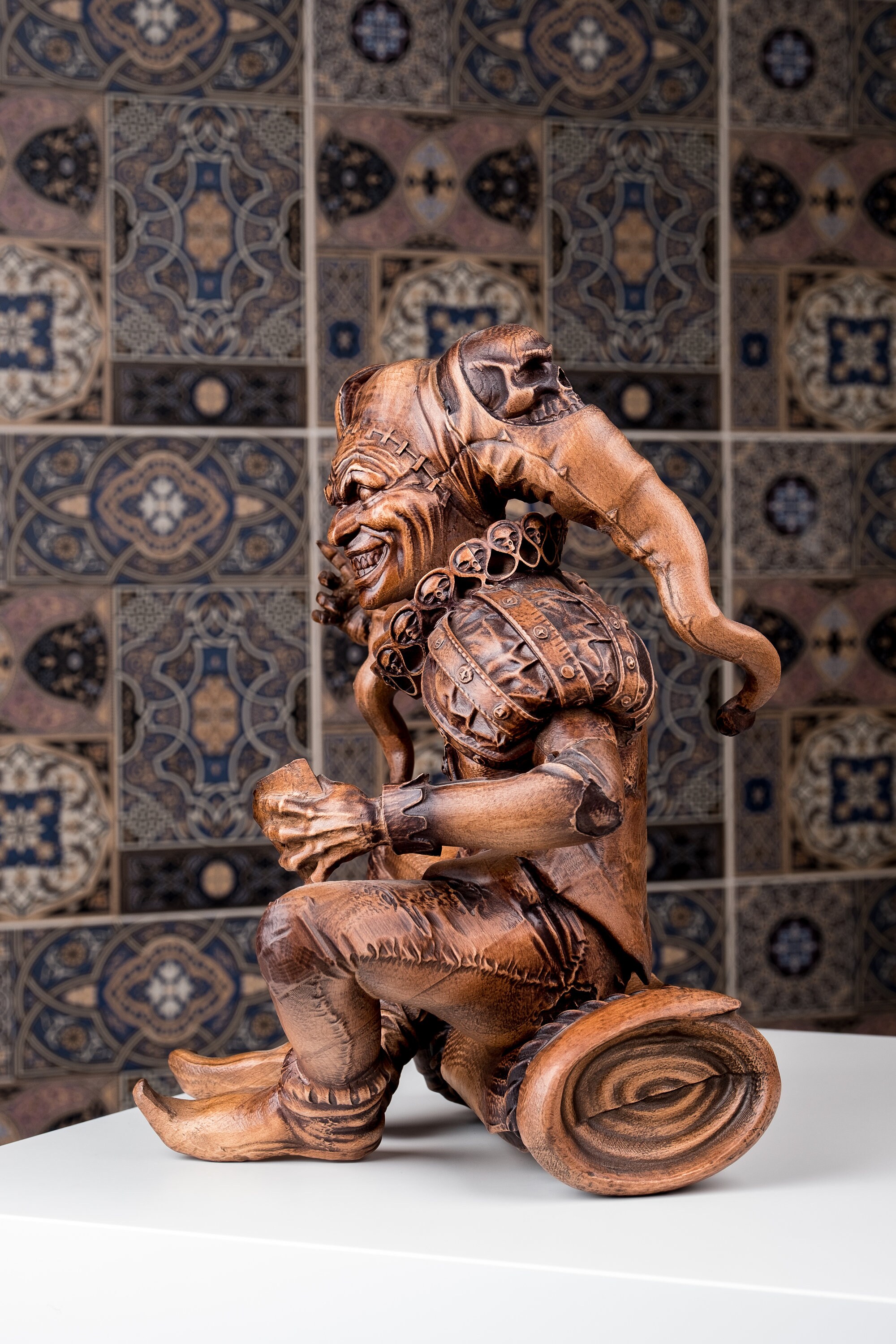 Wood Sculpture Joker With Cards & Sculls for Bookshelf Decor, Jester