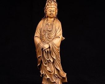 Wood carving buddha with rosary statuette for buddhist altar, Small Buddha statue Shakyamuni Buddha Spiritual Gift