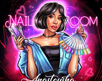 Custom Nail Artist Cartoon Portrait - Personalized Nail Salon Logo Design - Nail Designer Logo - Nail Studio Logo - Nail Technician Portrait