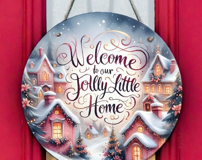 Pink “Welcome to Our Jolly Little Home” Metal Door Sign | 8” Round Christmas Door Hanger | Festive Wreath Centre | Holiday Home Wall Décor