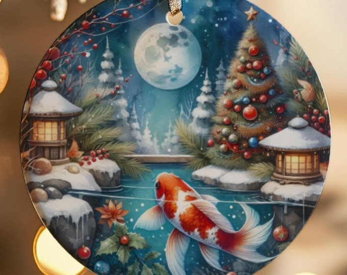 Koi Carp Christmas Ornament Ceramic Double-Sided Printed Decoration & Gift Bag