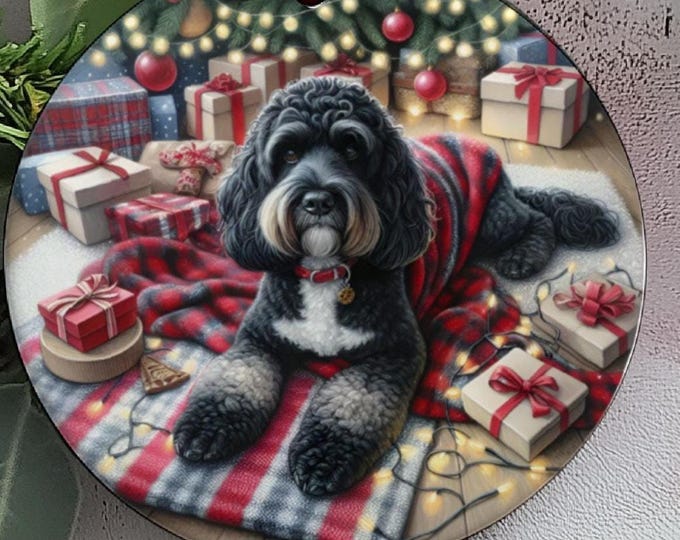 Black and White Cockapoo Christmas Tree Ornament, Ceramic, Double-Sided Printed