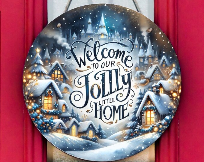 Blue “Welcome to Our Jolly Little Home” Metal Door Sign | 8” Round Christmas Door Hanger | Festive Wreath Centre | Holiday Home Wall Décor