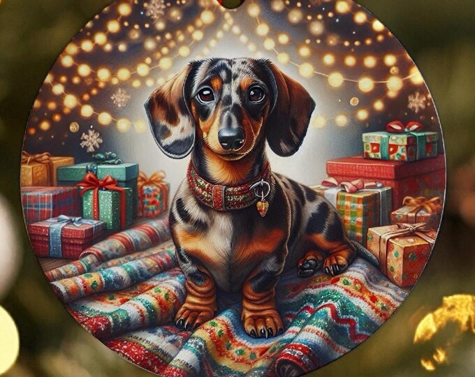 Dachshund Ceramic Christmas Tree Ornament, Design on Both Sides & Gift Bag
