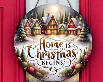 Home Is Where Christmas Begins Metal Door Hanger Sign – 8” Round Christmas Wall or Door Decoration – Festive Wreath Centrepiece