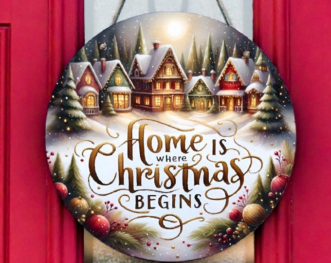 Home Is Where Christmas Begins Metal Door Hanger Sign – 8” Round Christmas Wall or Door Decoration – Festive Wreath Centrepiece