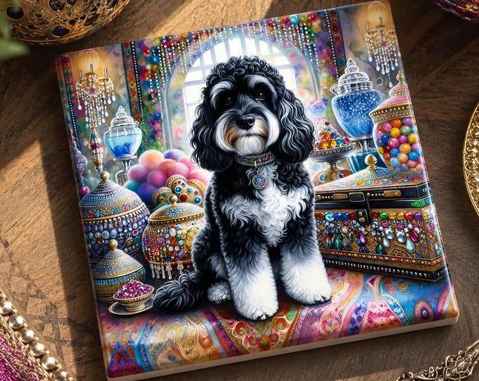 Black and White Cockapoo Coaster – Victorian Jewel Dog Art, Glossy Ceramic (Cork Back)