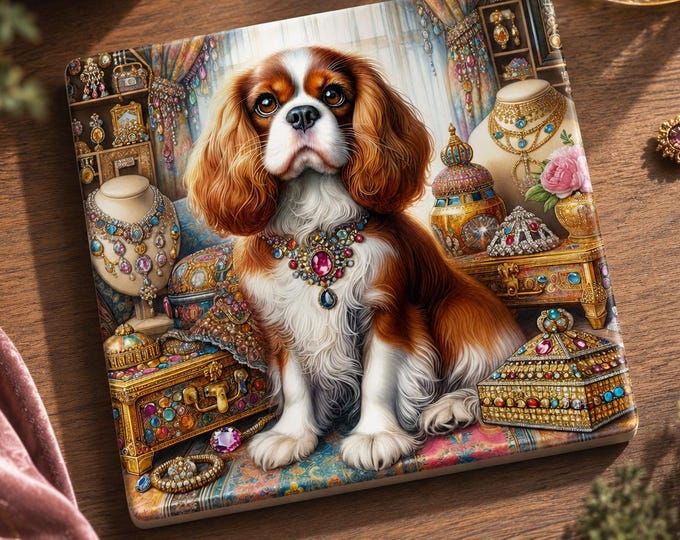 King Charles Spaniel Coaster – Victorian Jewel Dog Art, Glossy Ceramic with Cork Back